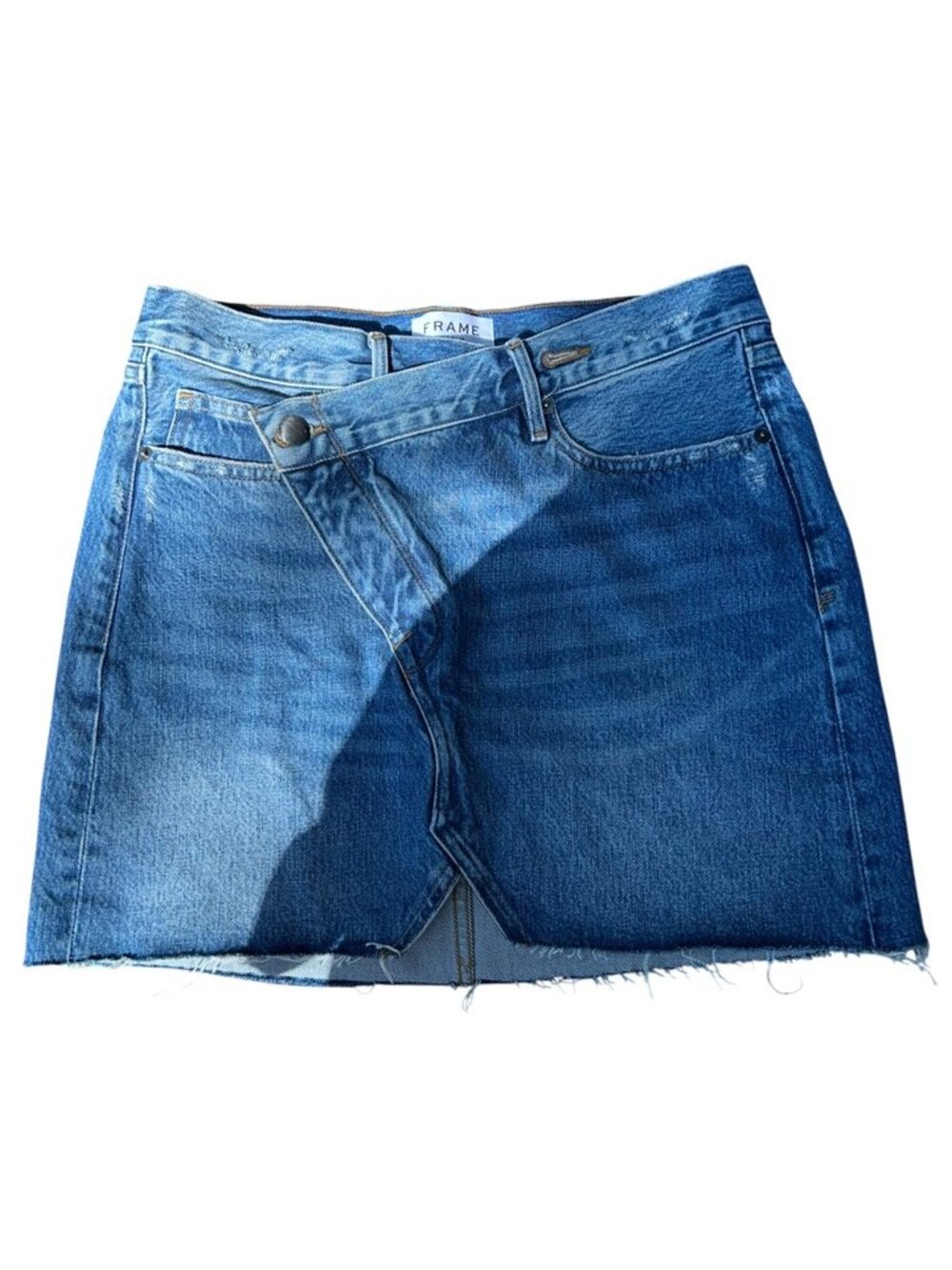 FRAME denim asymmetrical button cut off denim jean mini skirt 26 ASNEW